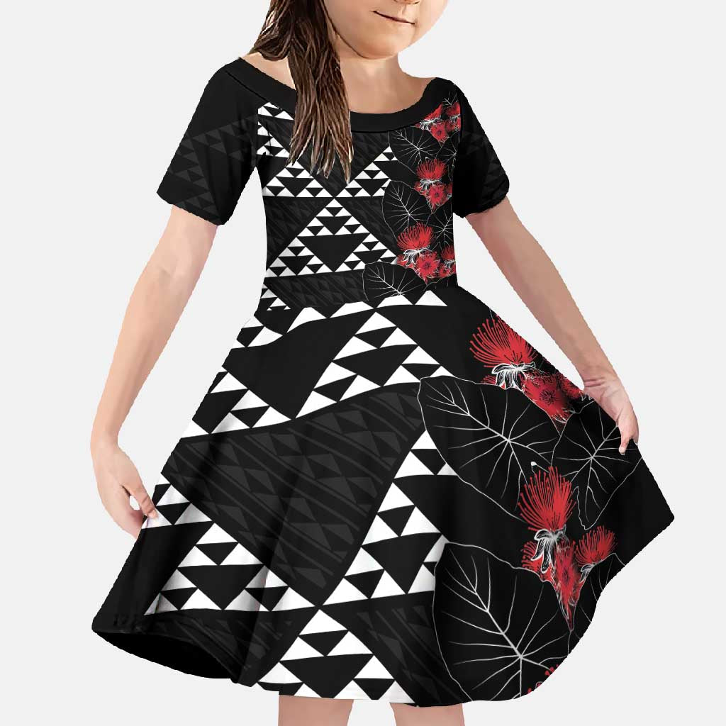 Hawaiian White Kakau Art Tattoo-Ohia Lehua and Taro Leaves Family Matching Off Shoulder Maxi Dress and Hawaiian Shirt LT03 Daughter's Dress Black-White - Polynesian Pride