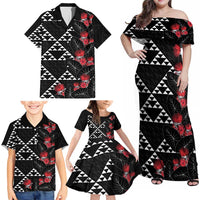 Hawaiian White Kakau Art Tattoo-Ohia Lehua and Taro Leaves Family Matching Off Shoulder Maxi Dress and Hawaiian Shirt LT03 - Polynesian Pride
