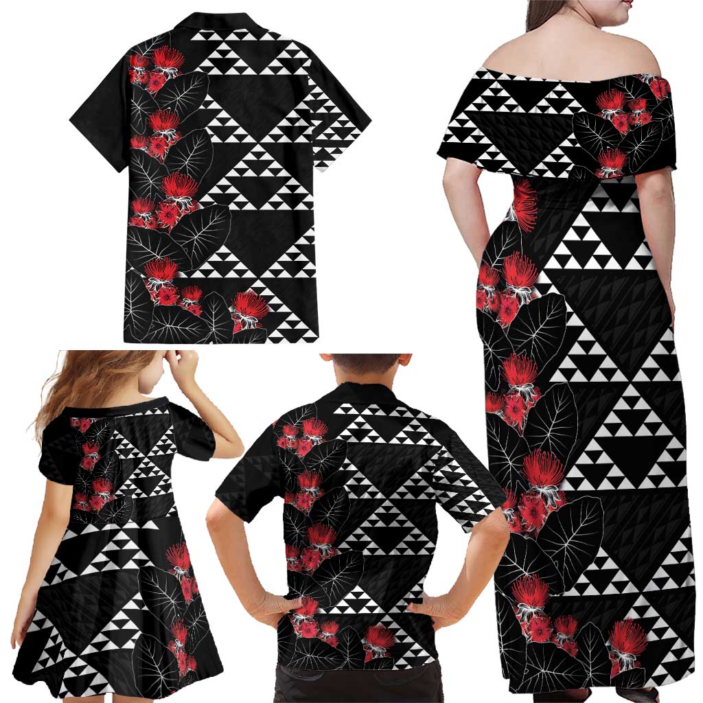 Hawaiian White Kakau Art Tattoo-Ohia Lehua and Taro Leaves Family Matching Off Shoulder Maxi Dress and Hawaiian Shirt LT03 - Polynesian Pride