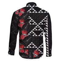 Hawaiian White Kakau Art Tattoo-Ohia Lehua and Taro Leaves Family Matching Off Shoulder Maxi Dress and Hawaiian Shirt LT03 - Polynesian Pride