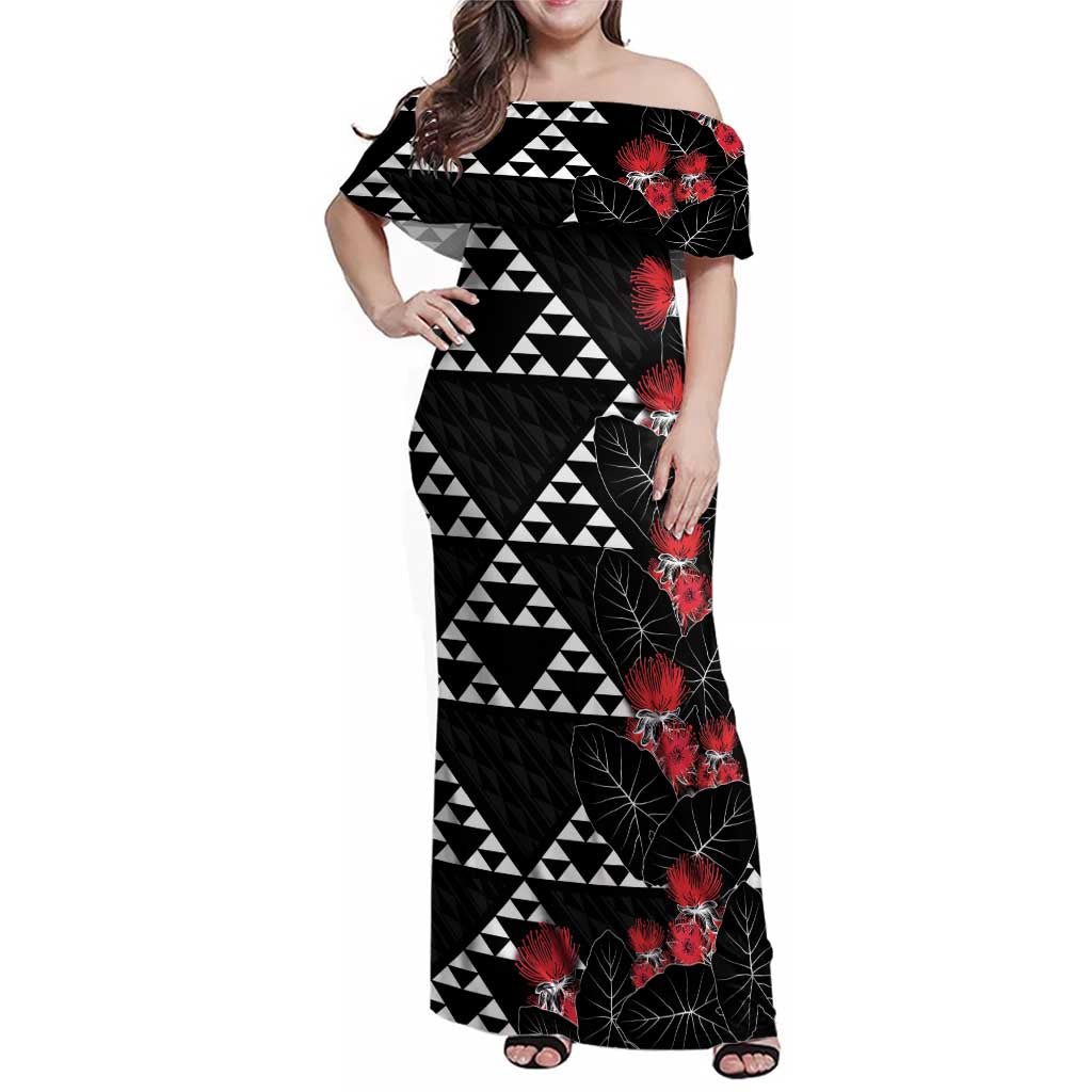 Hawaiian White Kakau Art Tattoo-Ohia Lehua and Taro Leaves Family Matching Off Shoulder Maxi Dress and Hawaiian Shirt LT03 Mom's Dress Black-White - Polynesian Pride