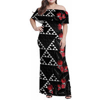 Hawaiian White Kakau Art Tattoo-Ohia Lehua and Taro Leaves Family Matching Off Shoulder Maxi Dress and Hawaiian Shirt LT03 Mom's Dress Black-White - Polynesian Pride