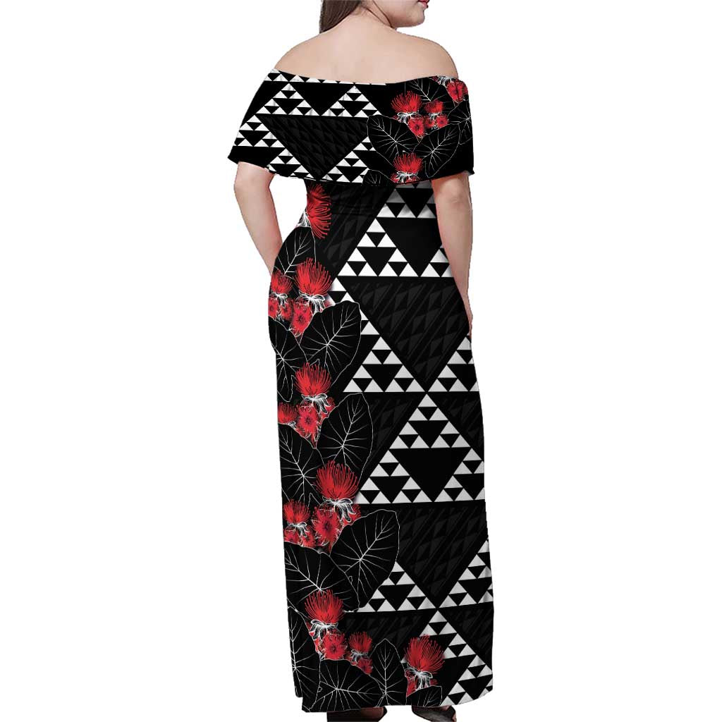 Hawaiian White Kakau Art Tattoo-Ohia Lehua and Taro Leaves Family Matching Off Shoulder Maxi Dress and Hawaiian Shirt LT03 - Polynesian Pride