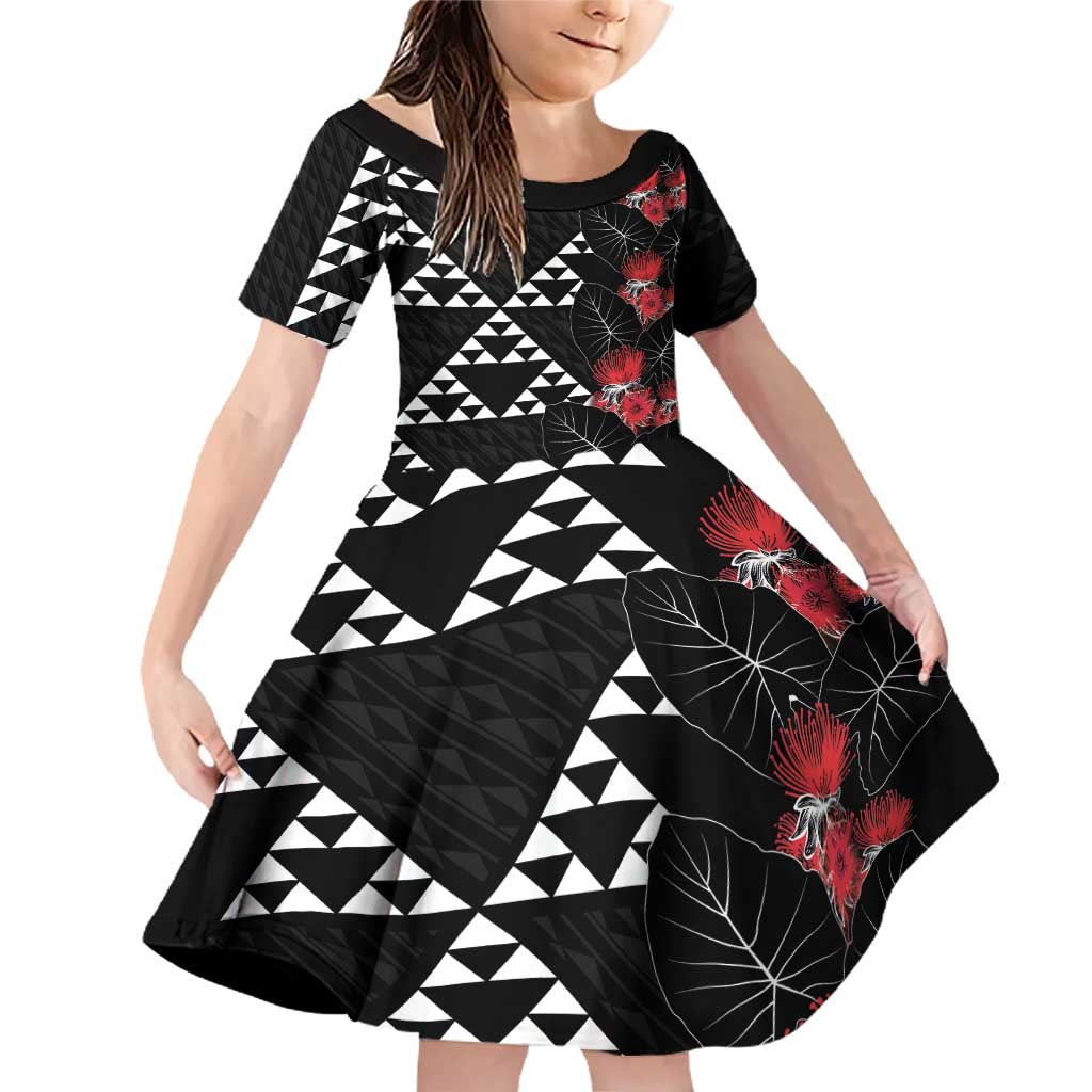Hawaiian White Kakau Art Tattoo-Ohia Lehua and Taro Leaves Family Matching Off Shoulder Short Dress and Hawaiian Shirt LT03 Daughter's Dress Black-White - Polynesian Pride
