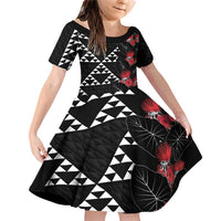 Hawaiian White Kakau Art Tattoo-Ohia Lehua and Taro Leaves Family Matching Off Shoulder Short Dress and Hawaiian Shirt LT03 Daughter's Dress Black-White - Polynesian Pride
