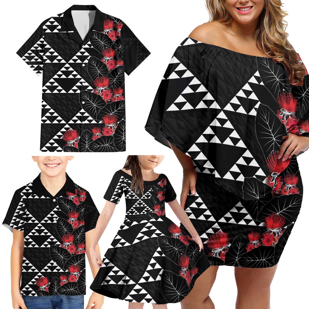 Hawaiian White Kakau Art Tattoo-Ohia Lehua and Taro Leaves Family Matching Off Shoulder Short Dress and Hawaiian Shirt LT03 - Polynesian Pride