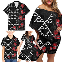 Hawaiian White Kakau Art Tattoo-Ohia Lehua and Taro Leaves Family Matching Off Shoulder Short Dress and Hawaiian Shirt LT03 - Polynesian Pride