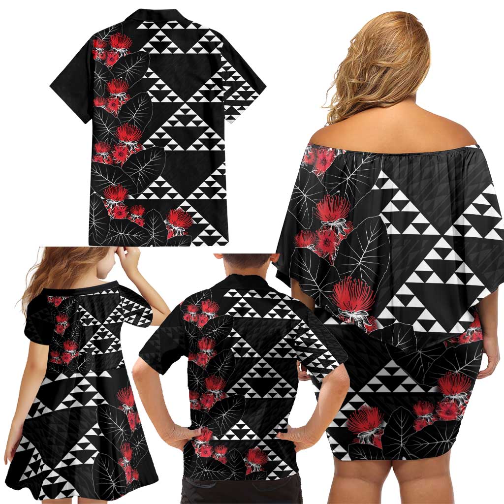 Hawaiian White Kakau Art Tattoo-Ohia Lehua and Taro Leaves Family Matching Off Shoulder Short Dress and Hawaiian Shirt LT03 - Polynesian Pride