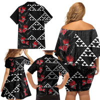 Hawaiian White Kakau Art Tattoo-Ohia Lehua and Taro Leaves Family Matching Off Shoulder Short Dress and Hawaiian Shirt LT03 - Polynesian Pride