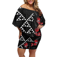 Hawaiian White Kakau Art Tattoo-Ohia Lehua and Taro Leaves Family Matching Off Shoulder Short Dress and Hawaiian Shirt LT03 Mom's Dress Black-White - Polynesian Pride