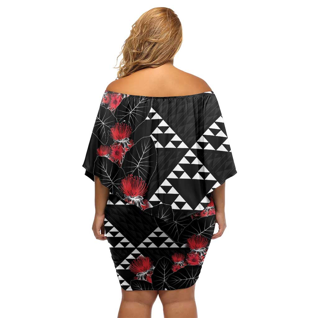 Hawaiian White Kakau Art Tattoo-Ohia Lehua and Taro Leaves Family Matching Off Shoulder Short Dress and Hawaiian Shirt LT03 - Polynesian Pride