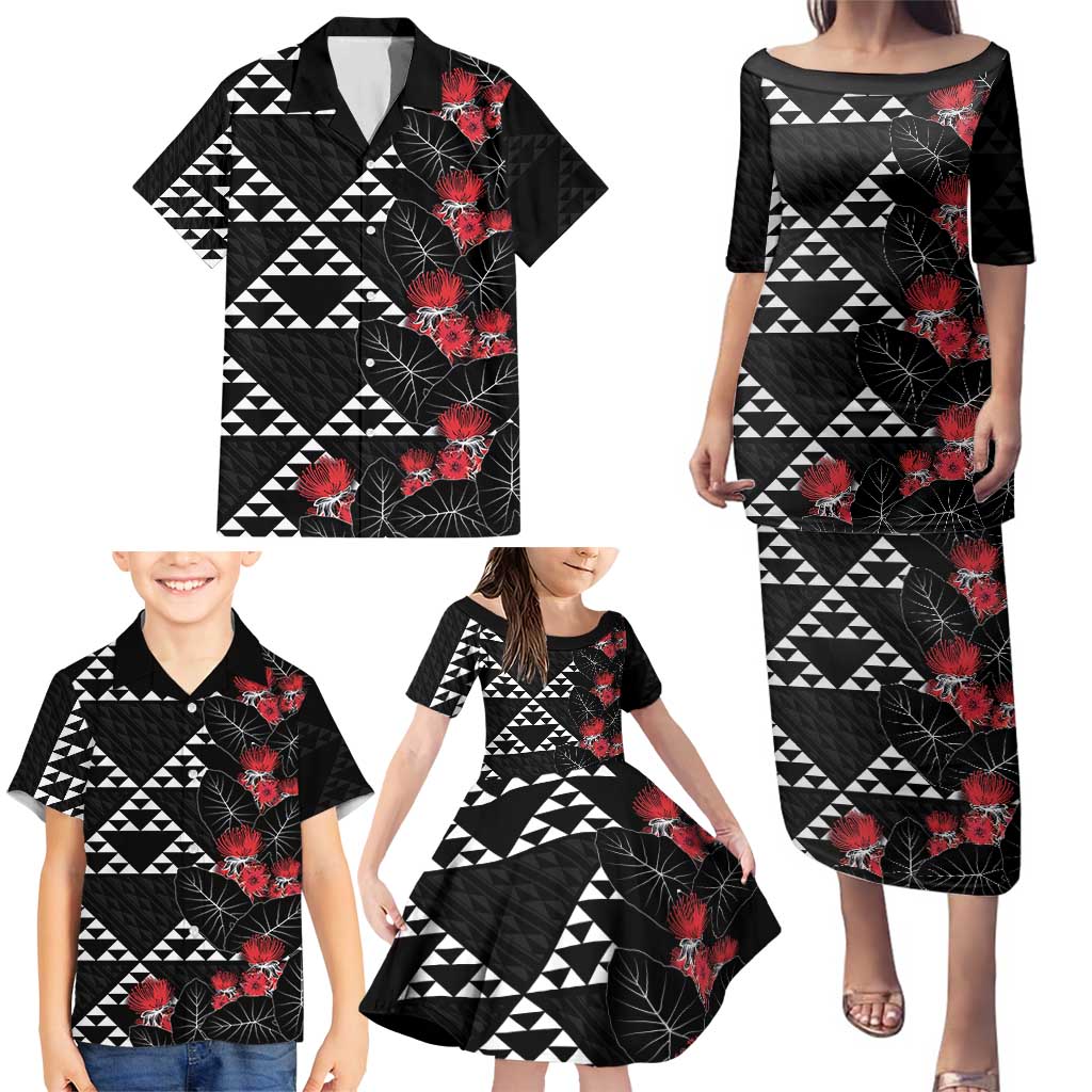 Hawaiian White Kakau Art Tattoo-Ohia Lehua and Taro Leaves Family Matching Puletasi and Hawaiian Shirt LT03 - Polynesian Pride