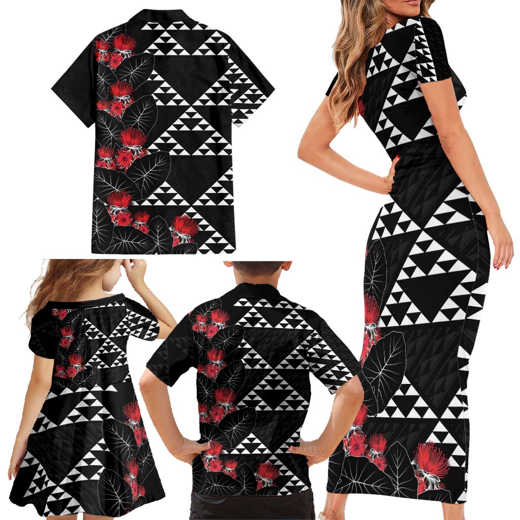 Hawaiian White Kakau Art Tattoo-Ohia Lehua and Taro Leaves Family Matching Short Sleeve Bodycon Dress and Hawaiian Shirt LT03 - Polynesian Pride