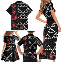 Hawaiian White Kakau Art Tattoo-Ohia Lehua and Taro Leaves Family Matching Short Sleeve Bodycon Dress and Hawaiian Shirt LT03 - Polynesian Pride