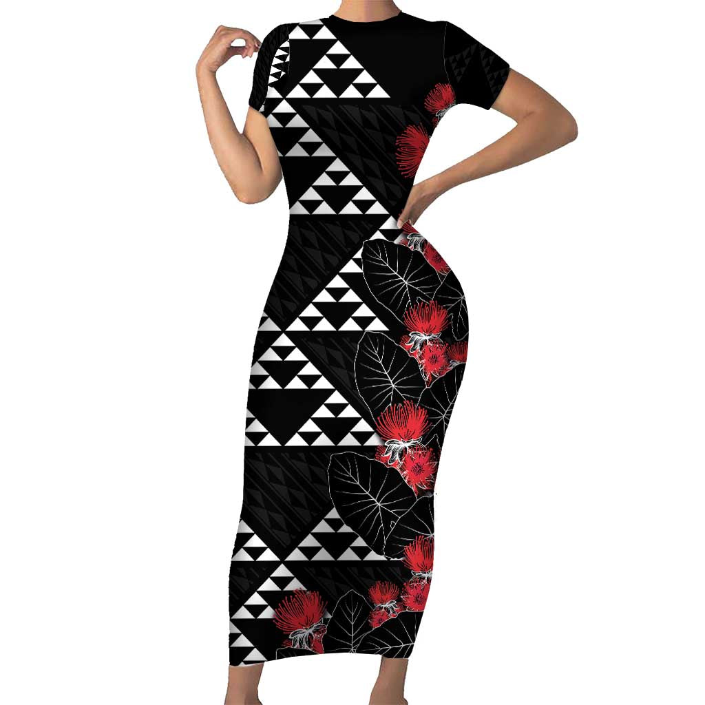 Hawaiian White Kakau Art Tattoo-Ohia Lehua and Taro Leaves Family Matching Short Sleeve Bodycon Dress and Hawaiian Shirt LT03 Mom's Dress Black-White - Polynesian Pride