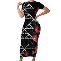 Hawaiian White Kakau Art Tattoo-Ohia Lehua and Taro Leaves Family Matching Short Sleeve Bodycon Dress and Hawaiian Shirt LT03 Mom's Dress Black-White - Polynesian Pride