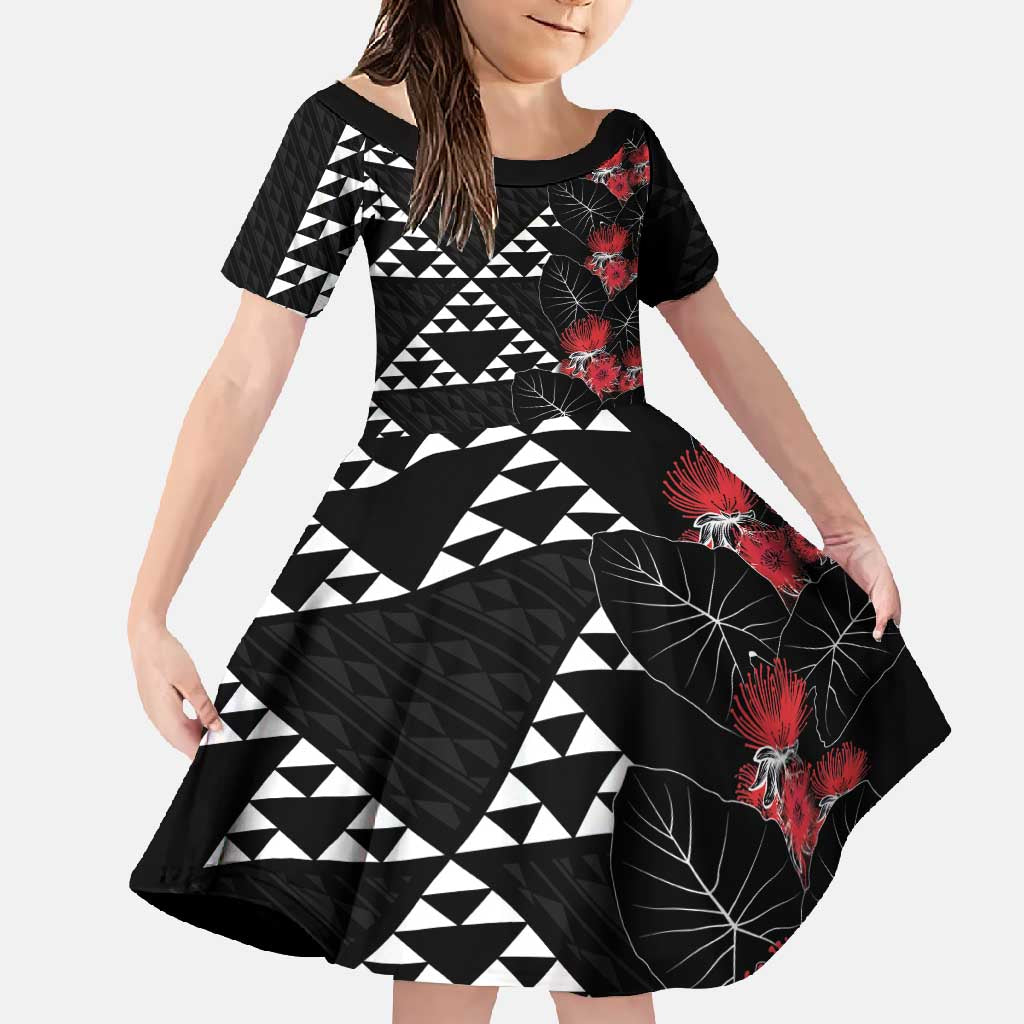 Hawaiian White Kakau Art Tattoo-Ohia Lehua and Taro Leaves Family Matching Summer Maxi Dress and Hawaiian Shirt LT03 Daughter's Dress Black-White - Polynesian Pride