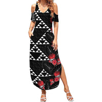 Hawaiian White Kakau Art Tattoo-Ohia Lehua and Taro Leaves Family Matching Summer Maxi Dress and Hawaiian Shirt LT03 Mom's Dress Black-White - Polynesian Pride