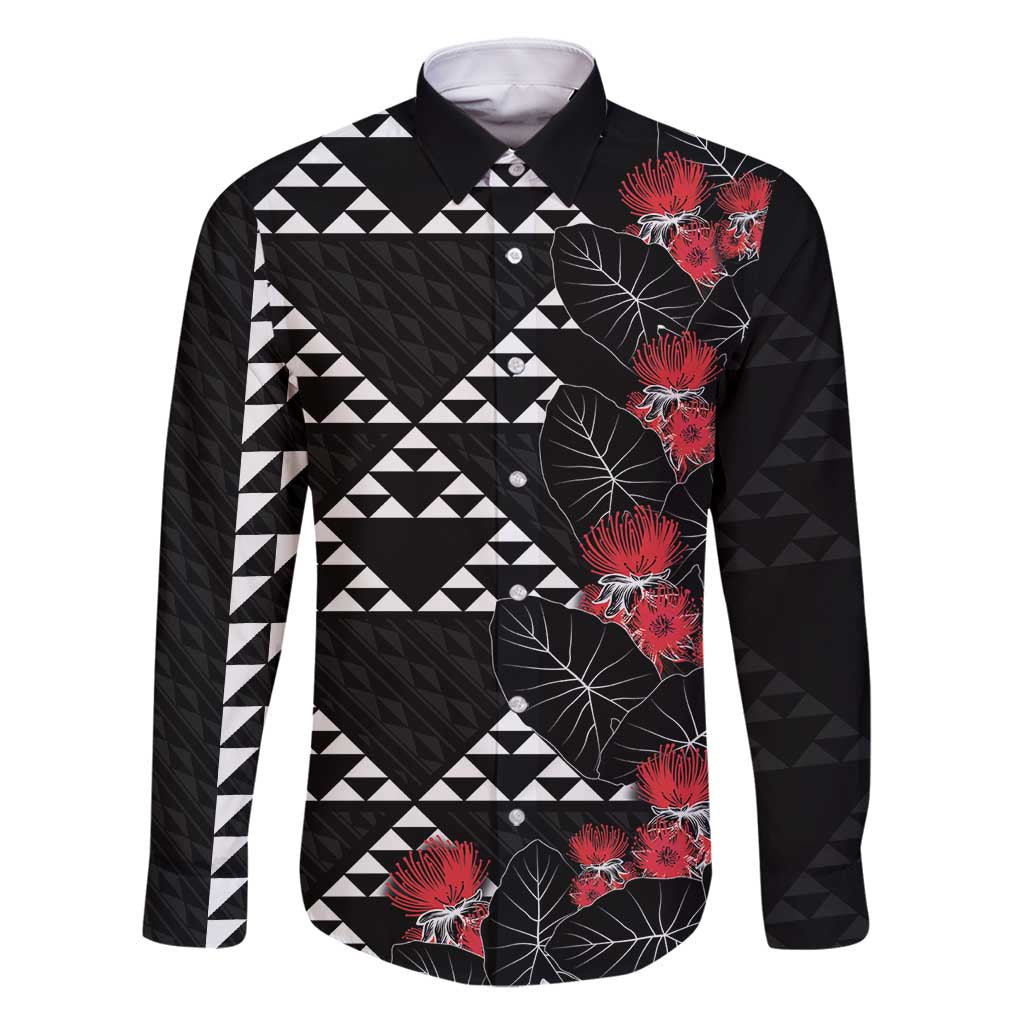 Hawaiian White Kakau Art Tattoo-Ohia Lehua and Taro Leaves Family Matching Tank Maxi Dress and Hawaiian Shirt LT03 Dad's Shirt - Long Sleeve Black-White - Polynesian Pride