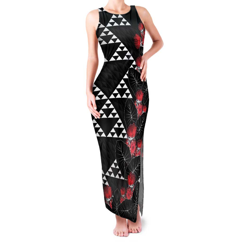 Hawaiian White Kakau Art Tattoo-Ohia Lehua and Taro Leaves Family Matching Tank Maxi Dress and Hawaiian Shirt LT03 Mom's Dress Black-White - Polynesian Pride
