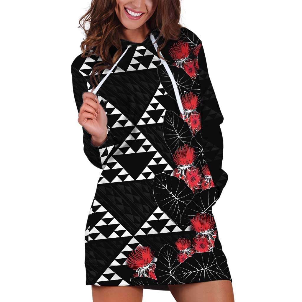 Hawaiian White Kakau Art Tattoo-Ohia Lehua and Taro Leaves Hoodie Dress LT03 Black-White - Polynesian Pride