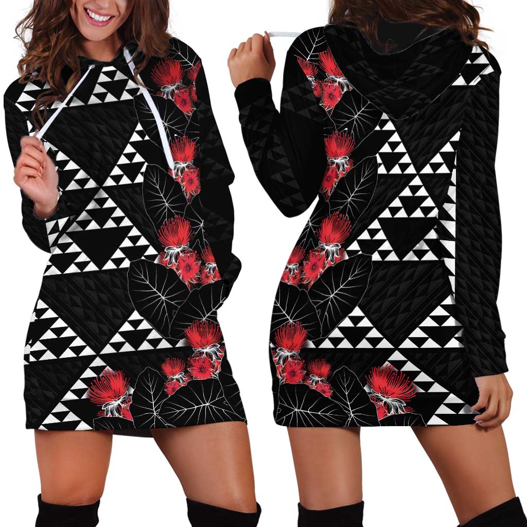 Hawaiian White Kakau Art Tattoo-Ohia Lehua and Taro Leaves Hoodie Dress LT03 - Polynesian Pride