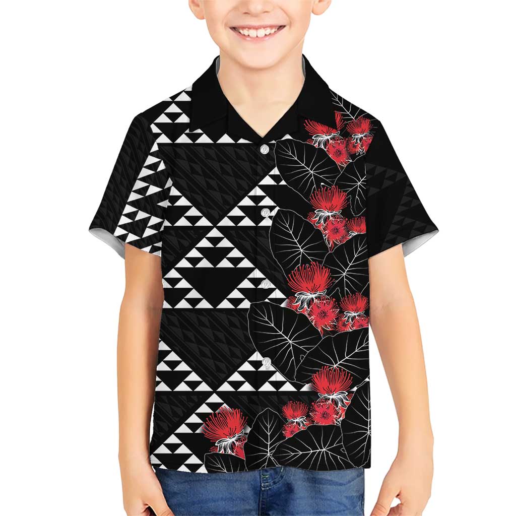 Hawaiian White Kakau Art Tattoo-Ohia Lehua and Taro Leaves Kid Hawaiian Shirt LT03 Kid Black-White - Polynesian Pride