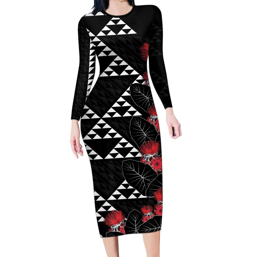 Hawaiian White Kakau Art Tattoo-Ohia Lehua and Taro Leaves Long Sleeve Bodycon Dress LT03 Long Dress Black-White - Polynesian Pride