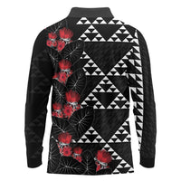 Hawaiian White Kakau Art Tattoo-Ohia Lehua and Taro Leaves Long Sleeve Polo Shirt