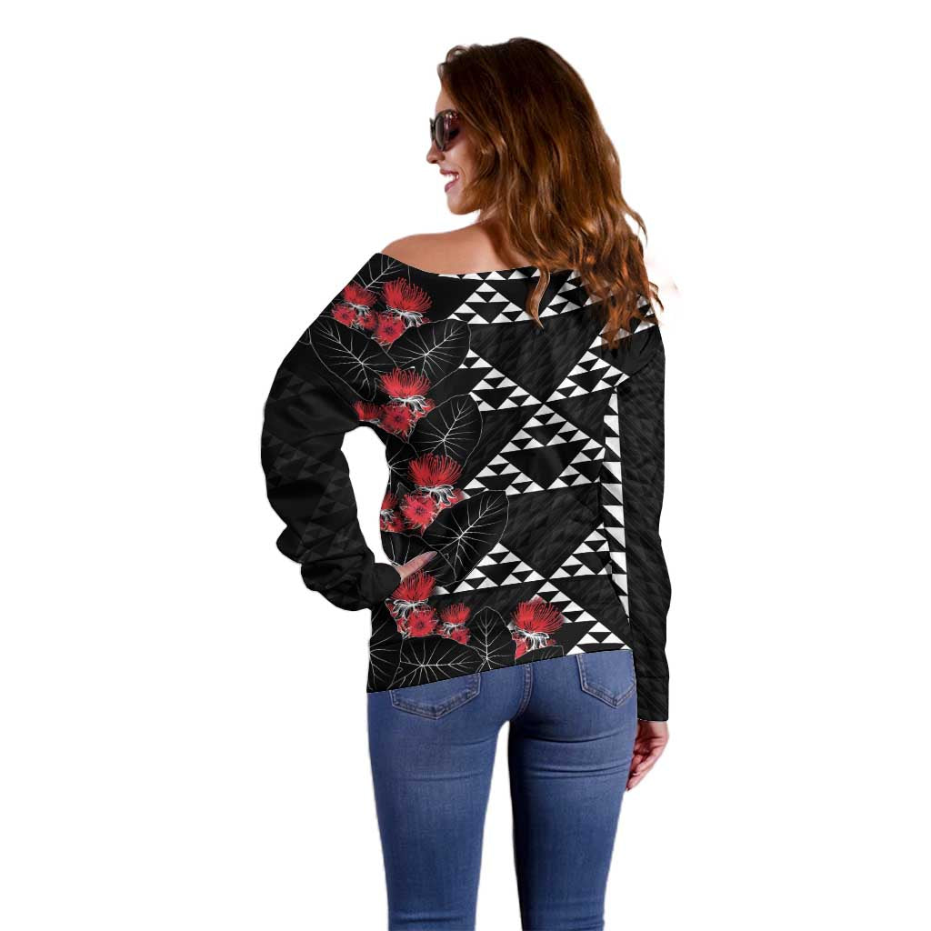 Hawaiian White Kakau Art Tattoo-Ohia Lehua and Taro Leaves Off Shoulder Sweater
