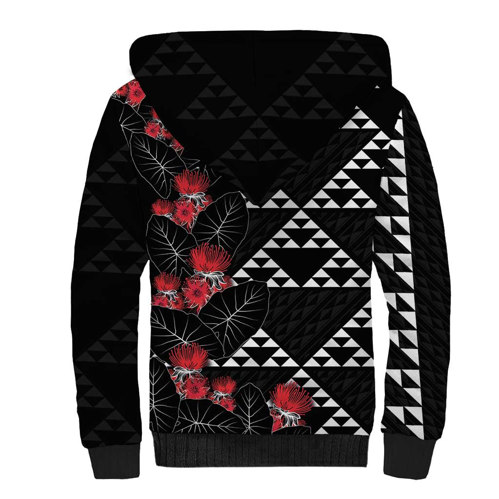 Hawaiian White Kakau Art Tattoo-Ohia Lehua and Taro Leaves Sherpa Hoodie LT03 - Polynesian Pride