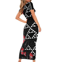Hawaiian White Kakau Art Tattoo-Ohia Lehua and Taro Leaves Short Sleeve Bodycon Dress LT03 - Polynesian Pride