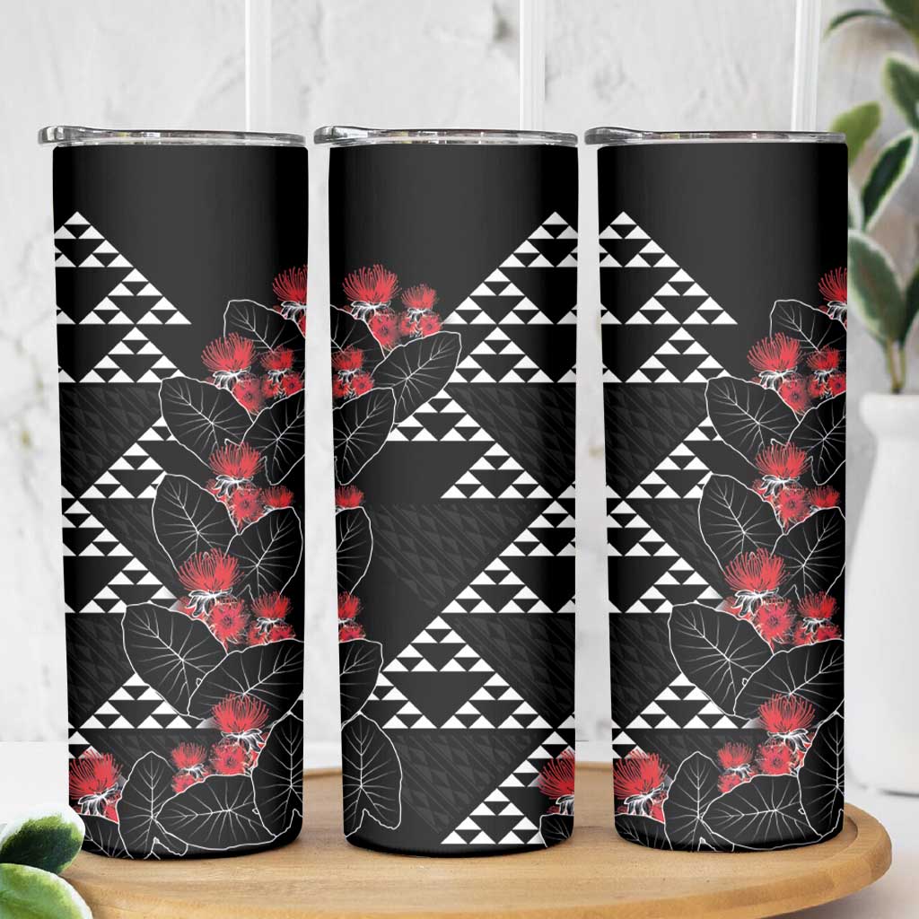 Hawaiian White Kakau Art Tattoo-Ohia Lehua and Taro Leaves Skinny Tumbler LT03 - Polynesian Pride