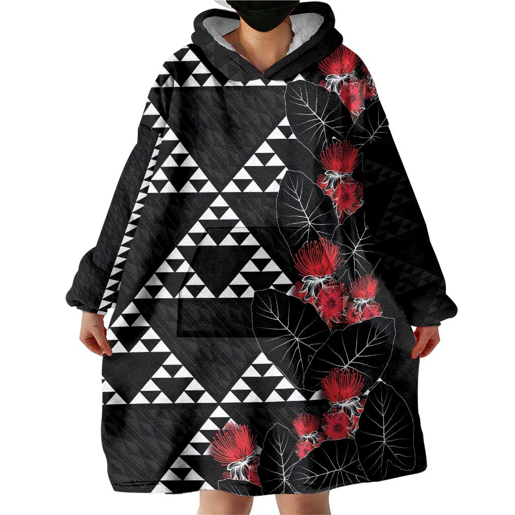 Hawaiian White Kakau Art Tattoo-Ohia Lehua and Taro Leaves Wearable Blanket Hoodie LT03 - Polynesian Pride