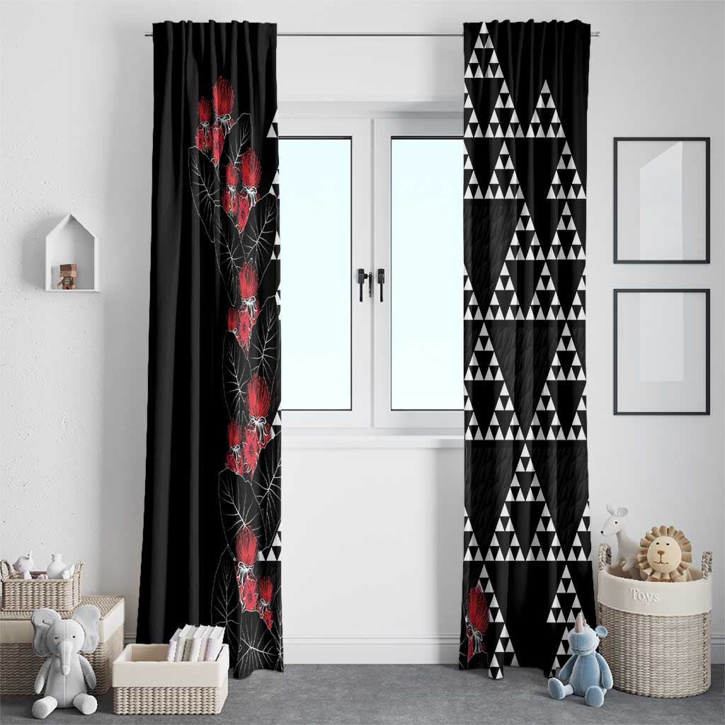 Hawaiian White Kakau Art Tattoo-Ohia Lehua and Taro Leaves Window Curtain