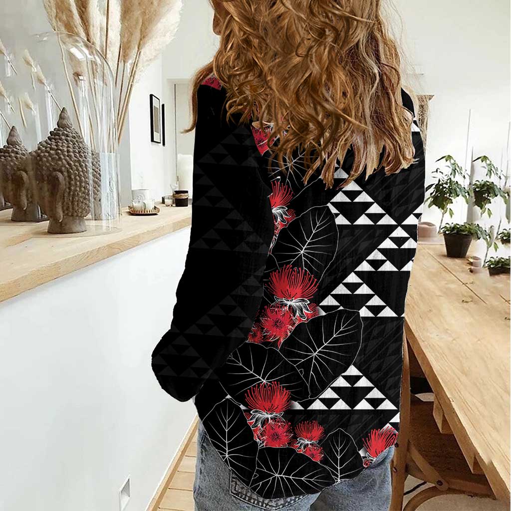 Hawaiian White Kakau Art Tattoo-Ohia Lehua and Taro Leaves Women Casual Shirt LT03 - Polynesian Pride