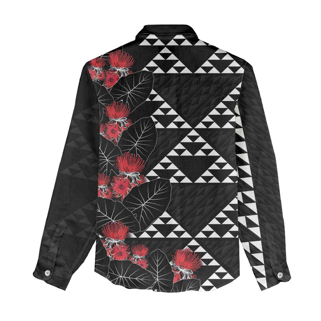Hawaiian White Kakau Art Tattoo-Ohia Lehua and Taro Leaves Women Casual Shirt LT03 - Polynesian Pride