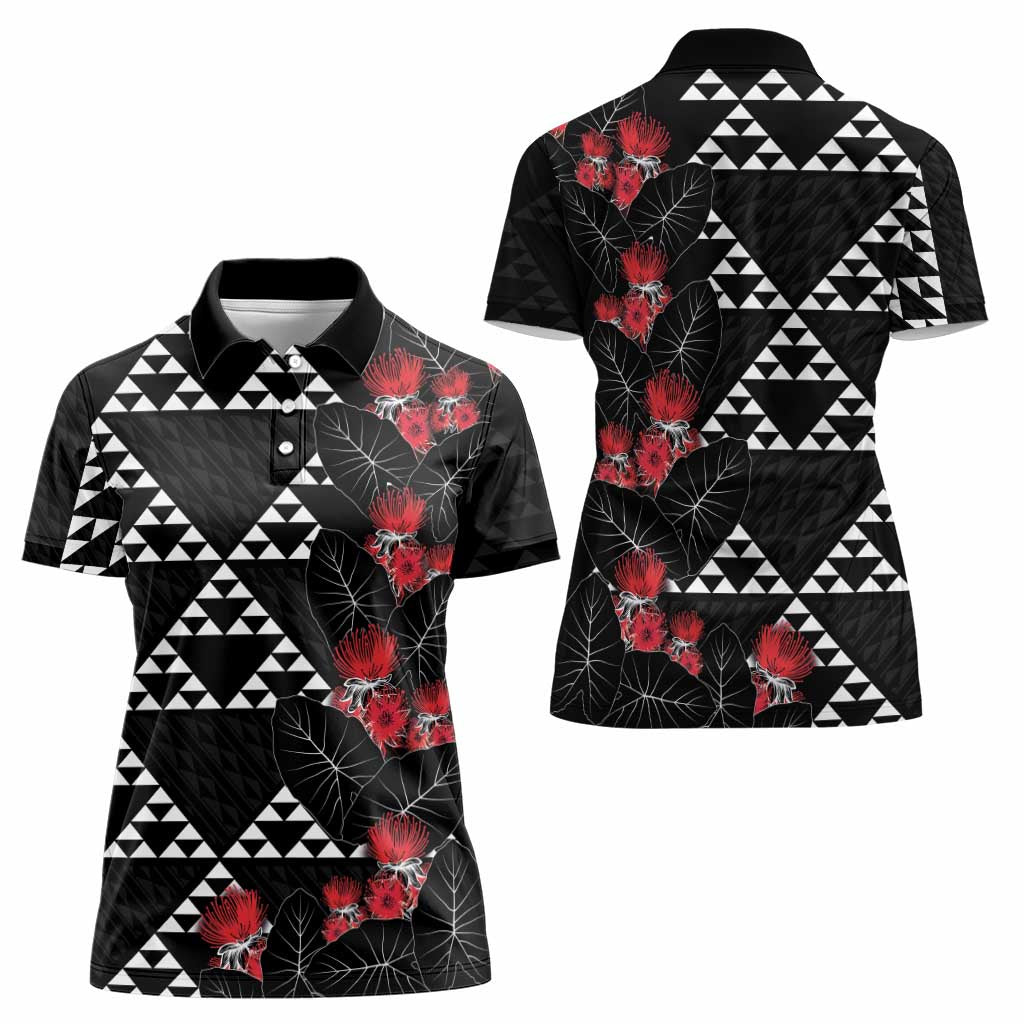 Hawaiian White Kakau Art Tattoo-Ohia Lehua and Taro Leaves Women Polo Shirt LT03 - Polynesian Pride