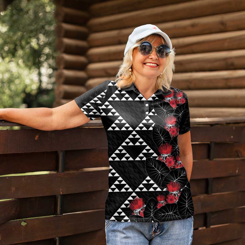 Hawaiian White Kakau Art Tattoo-Ohia Lehua and Taro Leaves Women Polo Shirt LT03 - Polynesian Pride