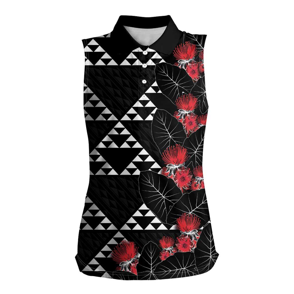 Hawaiian White Kakau Art Tattoo-Ohia Lehua and Taro Leaves Women Sleeveless Polo Shirt LT03 Female Black-White - Polynesian Pride