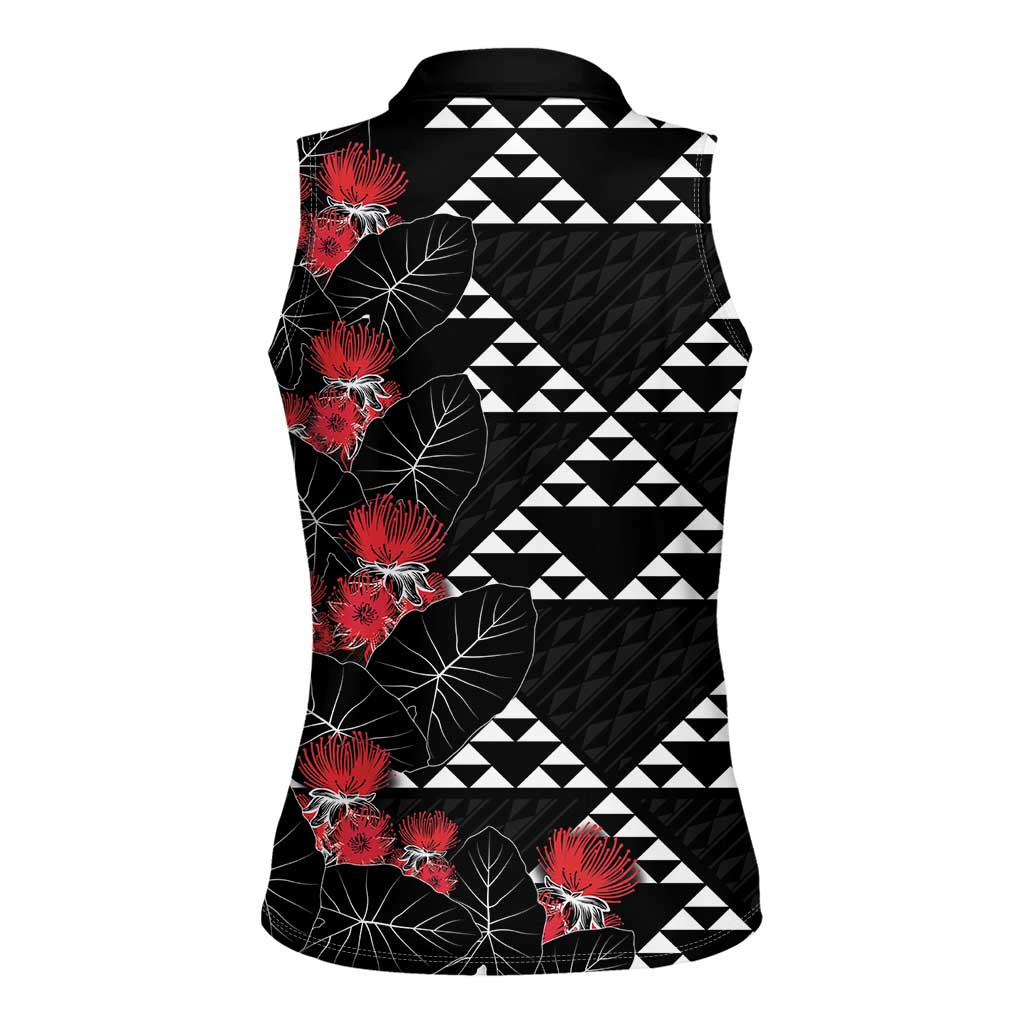 Hawaiian White Kakau Art Tattoo-Ohia Lehua and Taro Leaves Women Sleeveless Polo Shirt LT03 - Polynesian Pride