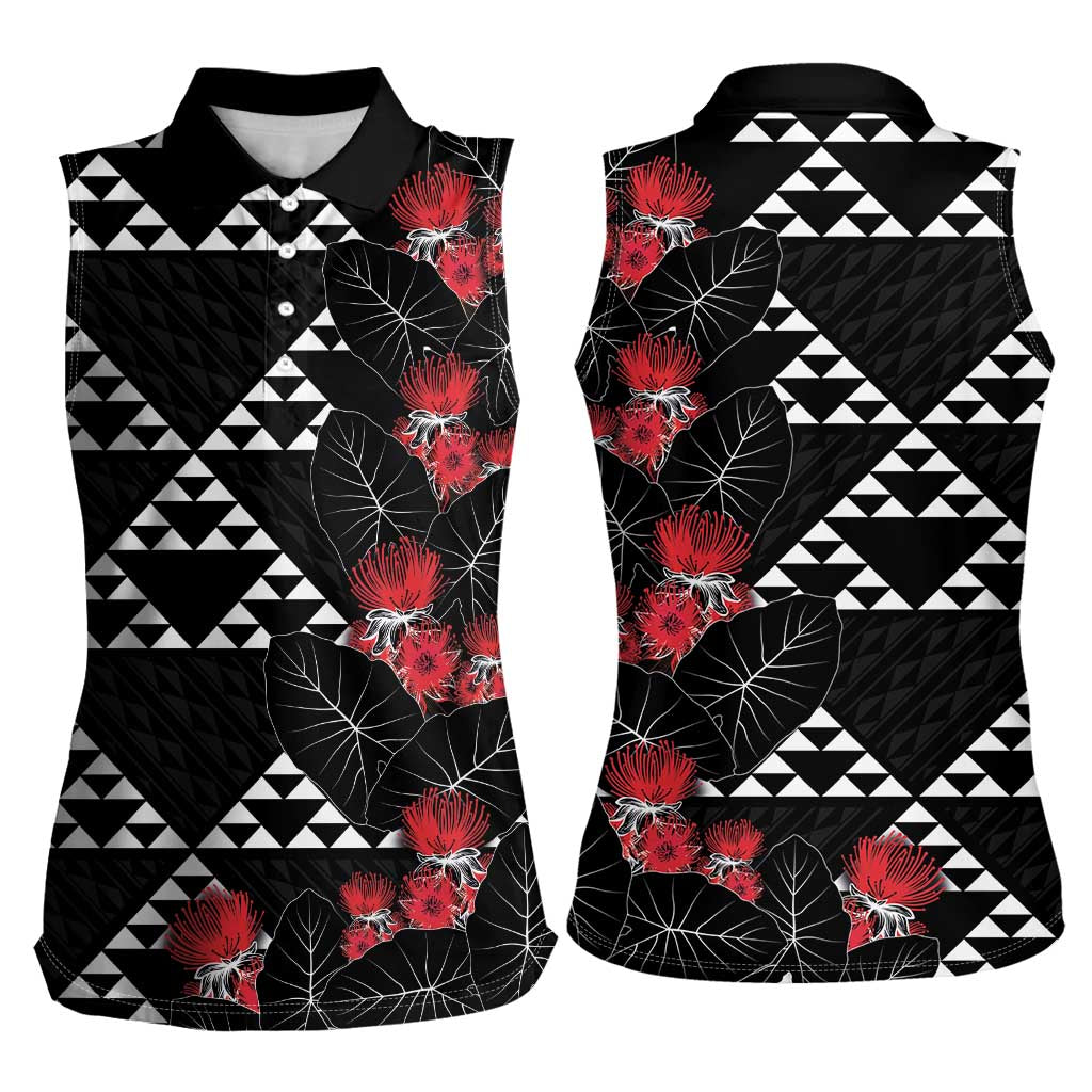 Hawaiian White Kakau Art Tattoo-Ohia Lehua and Taro Leaves Women Sleeveless Polo Shirt LT03 - Polynesian Pride