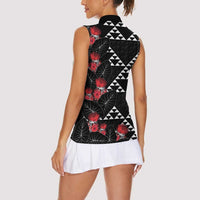Hawaiian White Kakau Art Tattoo-Ohia Lehua and Taro Leaves Women Sleeveless Polo Shirt LT03 - Polynesian Pride