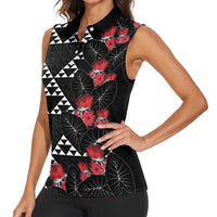 Hawaiian White Kakau Art Tattoo-Ohia Lehua and Taro Leaves Women Sleeveless Polo Shirt LT03 - Polynesian Pride