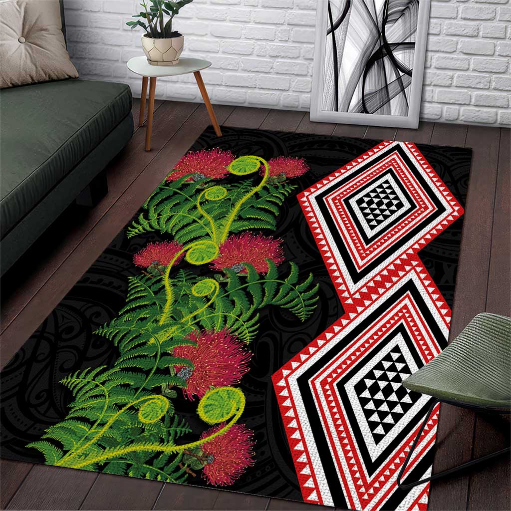Aotearoa Tukutuku Motif Area Rug Pohutukawa and Fern Leaves