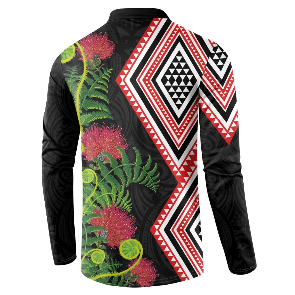 Aotearoa Tukutuku Motif Button Sweatshirt Pohutukawa and Fern Leaves