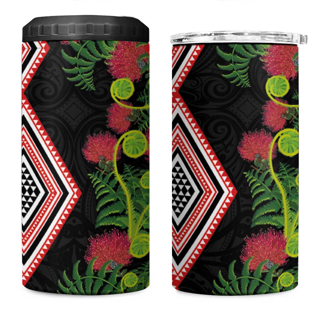 Aotearoa Tukutuku Motif 4 in 1 Can Cooler Tumbler Pohutukawa and Fern Leaves LT03 One Size: 16 oz Black - Polynesian Pride