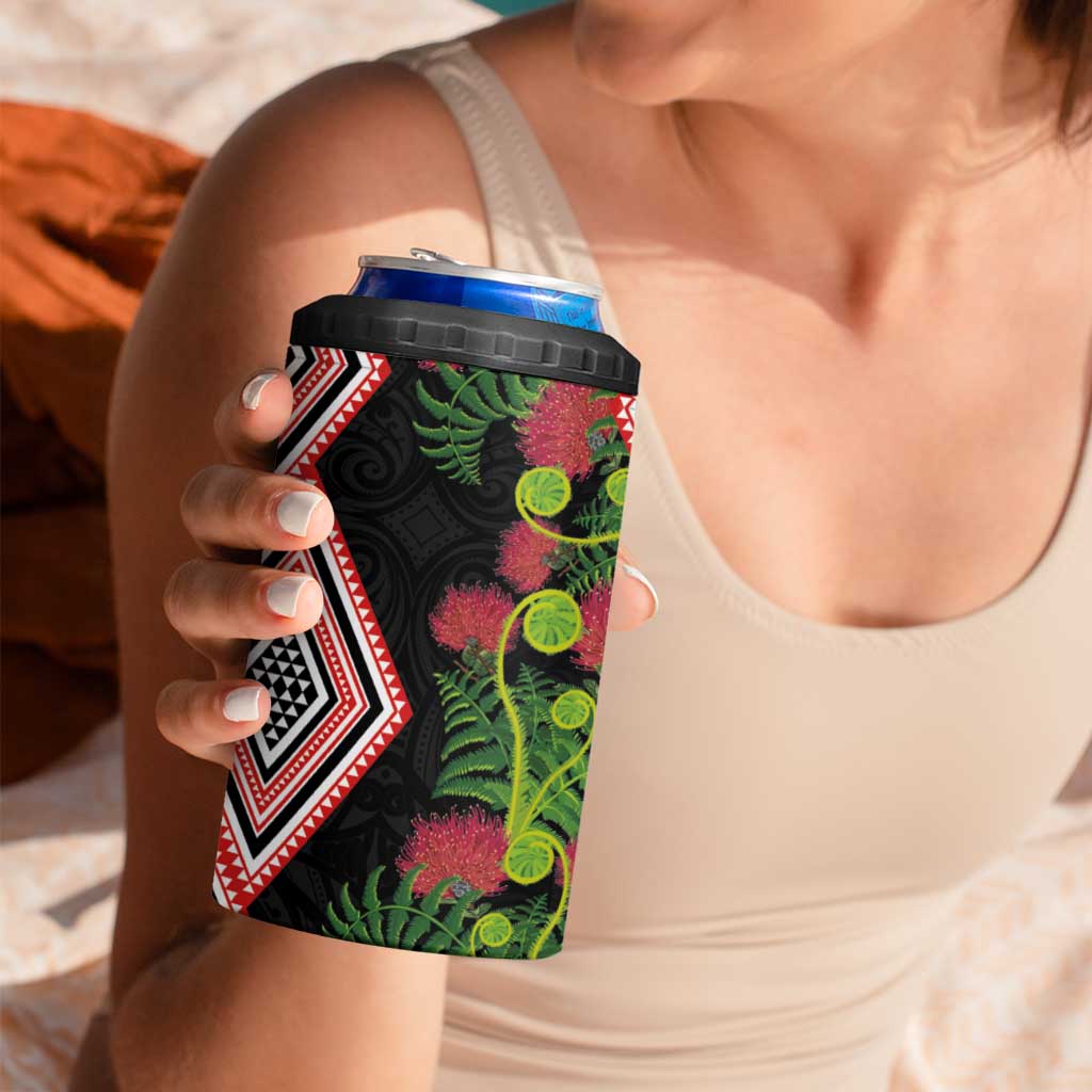 Aotearoa Tukutuku Motif 4 in 1 Can Cooler Tumbler Pohutukawa and Fern Leaves LT03 - Polynesian Pride