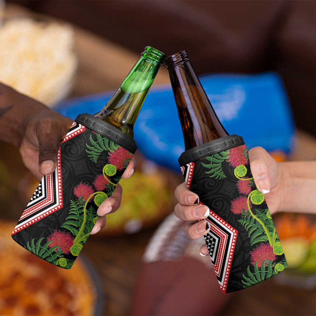 Aotearoa Tukutuku Motif 4 in 1 Can Cooler Tumbler Pohutukawa and Fern Leaves LT03 - Polynesian Pride