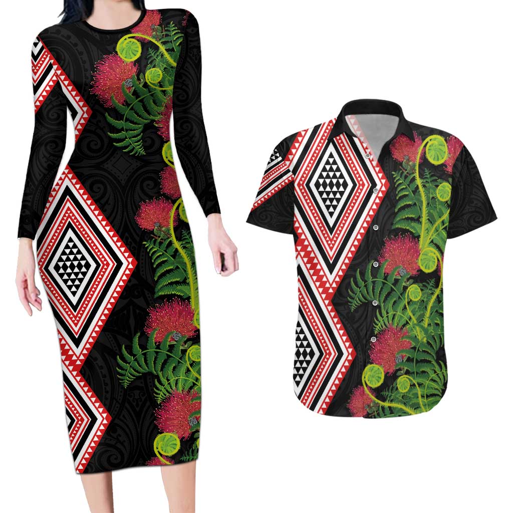 Aotearoa Tukutuku Motif Couples Matching Long Sleeve Bodycon Dress and Hawaiian Shirt Pohutukawa and Fern Leaves LT03 Black - Polynesian Pride